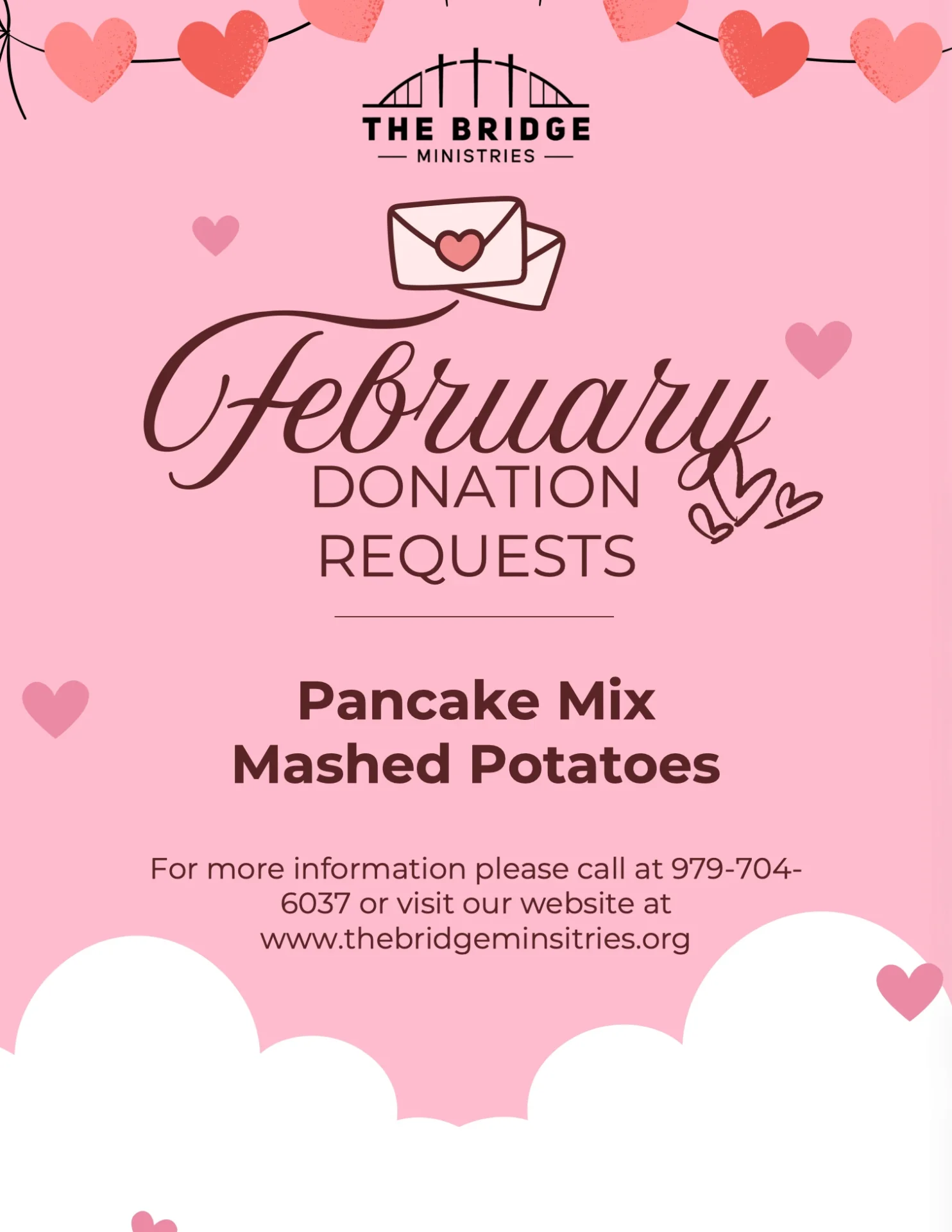 February donation requests flyer for The Bridge Ministries on a pink heart-themed background, requesting pancake mix and mashed potatoes, with phone number 979-704-6037 and website thebridgeministries.org.